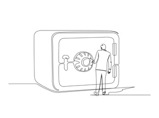 Buninessman opening safe deposit box outline illustration. Continuous line art drawing of businessman and big deposit box. Editable stroke.