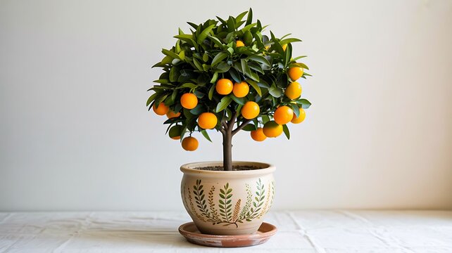 Small potted orange tree with ripe fruits in ceramic pot indoors