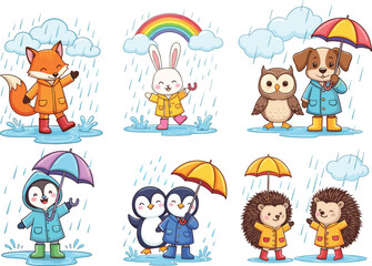 Cute animals in rain, cartoon rainy day fun, fox bunny dog owl, adorable raincoat scene, puddle splash playtime, colorful umbrella, rainbow background, 