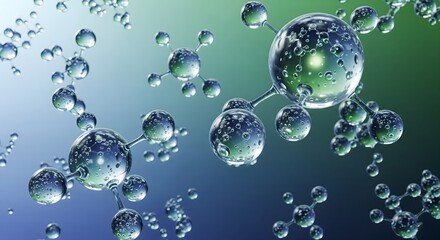 Close-up 3D render of a scientific molecular structure on a blue and green gradient background, symbolizing modern chemistry and biotechnology innovation