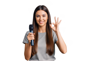 Happy woman holding microphone giving thumbs up gesture enjoying performance or presentation transparent background