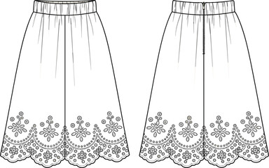 PrintFlared skirt technical fashion illustration, elastic waistband, floral embroidery, scalloped hem, pleated front, back seam, garment construction vector drawing
