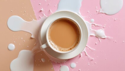 Coffee cup with milk splash on pastel background