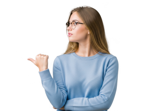 Woman wearing glasses points left indicating direction with thumb and looking away focused on task transparent background - Powered by Adobe