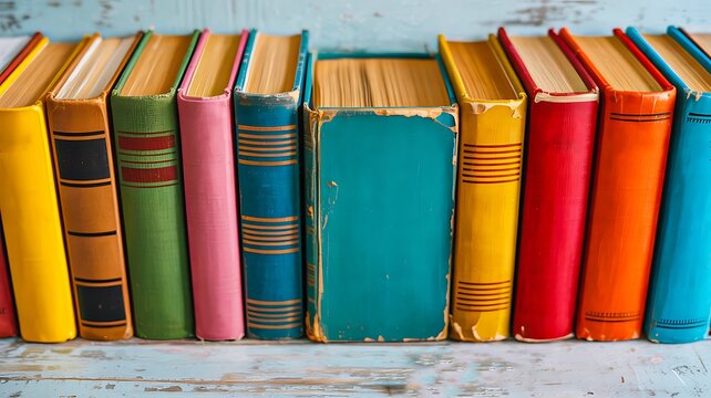 Colorful row of old vintage books standing on wooden shelf