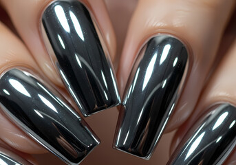 Close-up view of a person's fingernails adorned with highly reflective, mirror-like chrome nail polish, showcasing a sleek and modern manicure.