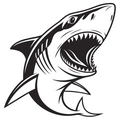 Black and white graphic of a great white shark with open mouth and sharp teeth animal