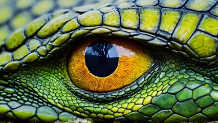 Close-Up of Vibrant Green Lizard Eye with Intricate Scale Patterns