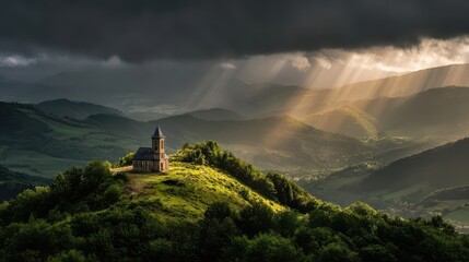 Hilltop Church Under Dramatic Sky with Sun Rays Over Rolling Hills