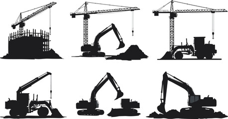 Construction silhouette set with tower crane, excavator, bulldozer, construction site, heavy machinery, earthmoving equipment, industrial building, loader, digger