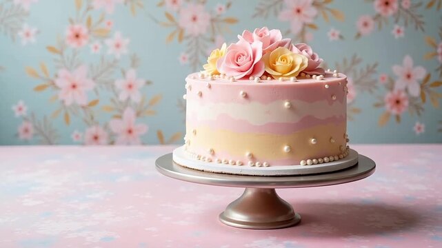 Elegant white birthday cake decorated with pink and yellow roses, soft pastel background for party celebration.