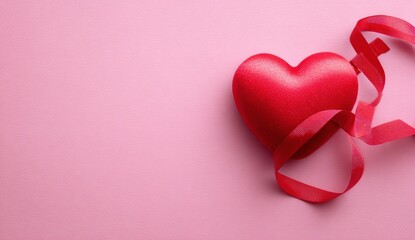 A vibrant red heart shape, adorned with a ribbon, rests on a soft pink background
