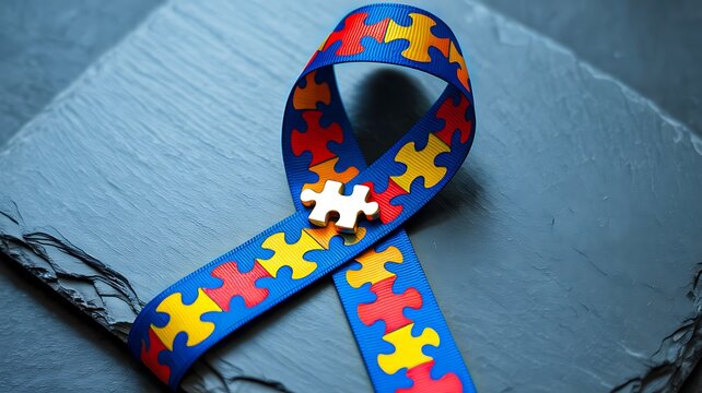Colorful autism awareness ribbon with puzzle pattern