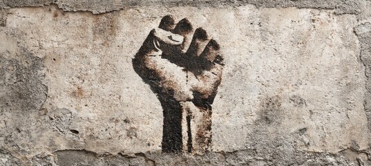 Vintage Stencil Graffiti of Raised Fist on Weathered Wall