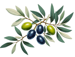  olive branch with green and black olives isolated on transparent background