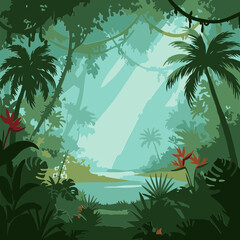 Naklejka premium Tropical rainforest scene with lush vegetation and a serene river. Sunlight filters through the dense canopy, illuminating the tranquil landscape.