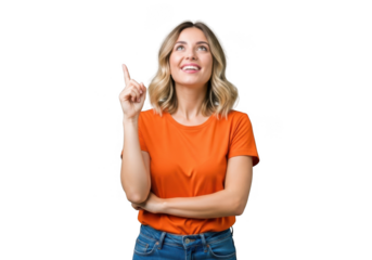 Young woman smiling and pointing upward enthusiastically expressing an idea or suggestion transparent background