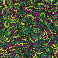 Abstract decorative pattern with swirling, flowing shapes in vibrant green, purple, and yellow colors. Intricate, detailed design with textured elements for background, wallpaper, or textile use.