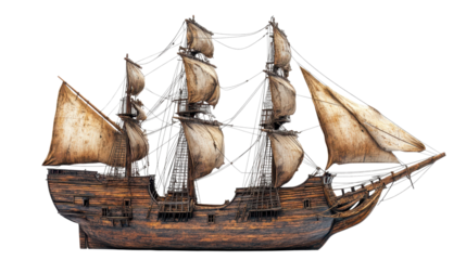 Ancient pirate ship illustration in PNG style with transparent background for nautical and maritime-themed designs and projects