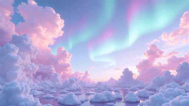 Dreamy aurora borealis dancing above pink clouds in peaceful, magical sky video sequence