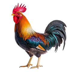 Fototapeta premium A colorful rooster with a red crest and colorful feathers, isolated on a transparent background.