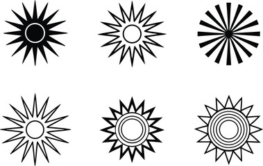 Collection of Six Unique Black and White Sun Icon Designs for Graphic Elements and Creative Projects