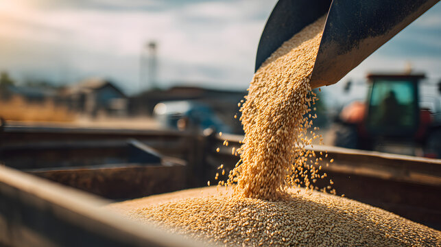 Agricultural machinery pouring harvested grain into trailer