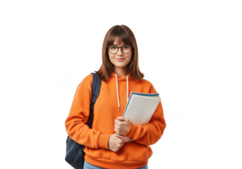Happy young student wearing glasses and orange hoodie holding books ready for school transparent background