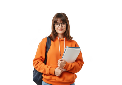 Happy young student wearing glasses and orange hoodie holding books ready for school transparent background