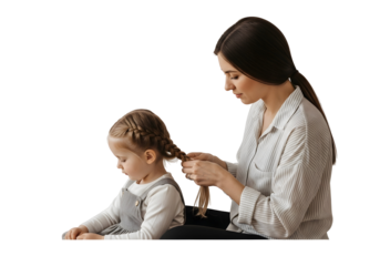 A mother gently braids her daughter's hair, creating a beautiful pigtail on a white background