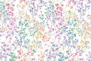 Colorful Gypsophila Flowers Pattern on White Background, Delicate Floral Design