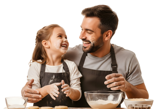 Father and daughter happily baking together, enjoying quality family time in the kitchen