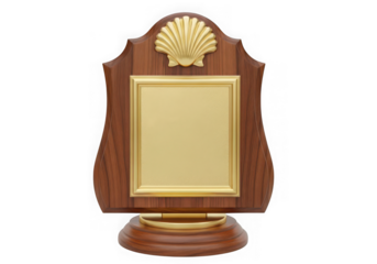 Wooden award plaque with gold frame and shell detail isolated on transparent background