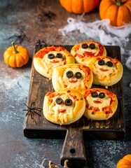 Halloween mini pizzas shaped as spooky faces with olive eyes, served on a rustic wooden board with pumpkins, spiders, and cobwebs for festive decoration

