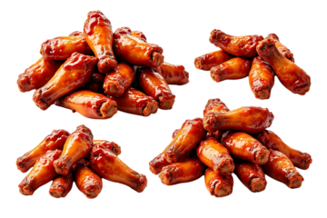  four piles of delicious chicken wings coated in a savory sauce, isolated on a transparent background