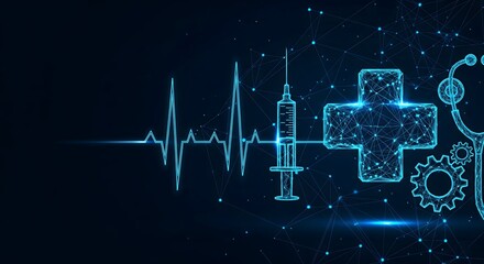 futuristic digital medical background with a heartbeat line, syringe, medical cross, and stethoscope icons connected in a network