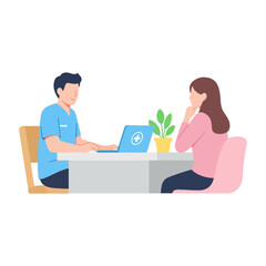 Medical Professional Consults Patient at Desk with Laptop and Plant.