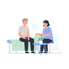 Fototapeta premium Patient and Doctor in Consultation - Man Sitting on Examination Table, Woman on Stool.