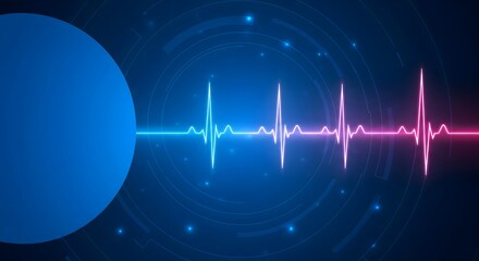 Futuristic medical background with a glowing heart rate line on a circular tech grid, for healthcare, telemedicine, and digital diagnosis concepts