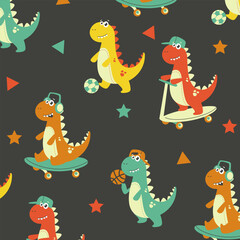 sport seamless pattern vector cartoon design of cute t-rex dinosaur for fullprint fabric kids apparel