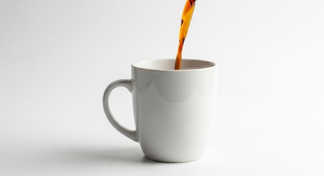 A Dynamic Stream of Rich Amber Coffee Pouring into a Minimalist White Ceramic Mug