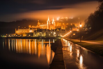 Fototapeta premium A Majestic Night Scene of a Luminous Castle by the River