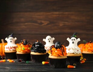 Halloween Cupcakes with Ghost Toppers, Spiders, Colorful Frosting, Pumpkins, and Candy Corn on Rustic Wooden Background