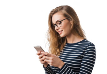 Young woman with glasses smiling while texting on her smartphone transparent background
