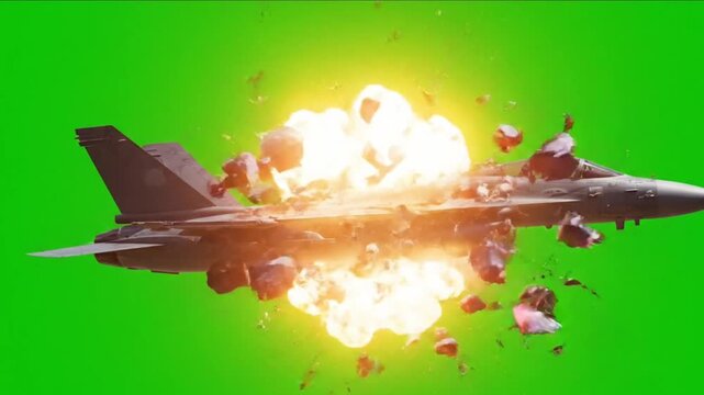 This is a VFX animation of a fighter jet exploding mid-flight against a green screen.	