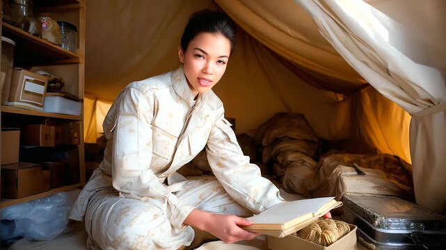 11 a military medical tent with supplies on shelves cluttered floor with boxes soft natural light through canvas flaps a nurse in uniform organizing a kit natural poses as she pac