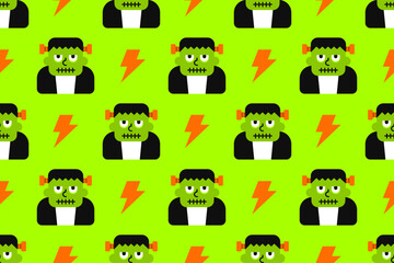 Seamless Halloween pattern with Frankenstein and lightning on green background. Great for spooky crafts, festive invitations, and horror themes.