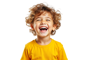  a happy young boy with curly brown hair laughing joyfully, isolated on transparent background