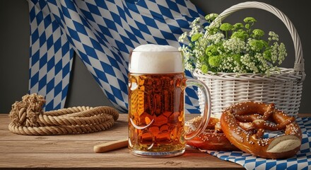 Bavarian Beer Fest - Rustic Still Life with Beer Stein, Pretzels, and Hops.