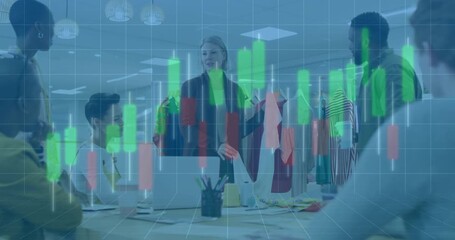 female presenter displaying red garment starting chart overlay animation in retail design meeting - Powered by Adobe